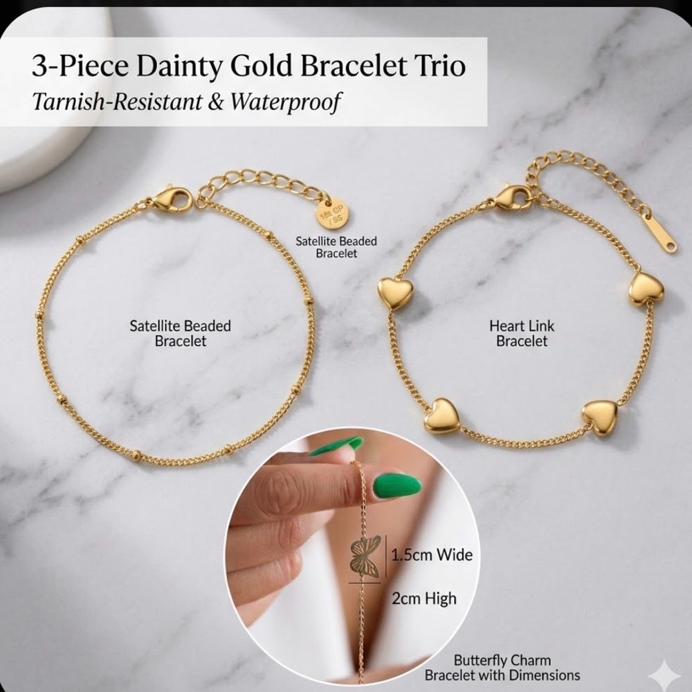 18k Gold Plated Stainless Steel Dainty Bracelet Trio - Tarnish-Free & Waterproof